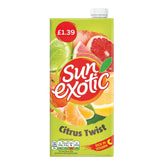 A 1L carton of Sun Exotic Citrus Twist juice, decorated with citrus fruit images, displays a red £1.39 price label and notes it is rich in vitamin C.